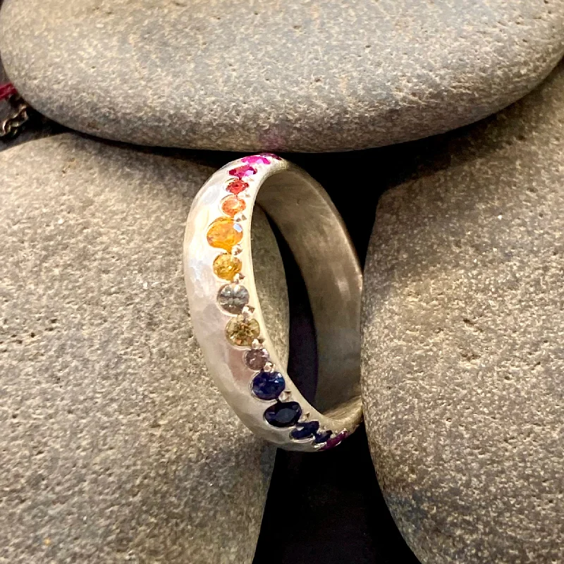 women's triple-stone rings -Edge Rainbow Sapphires Hammered Sterling Silver Ring