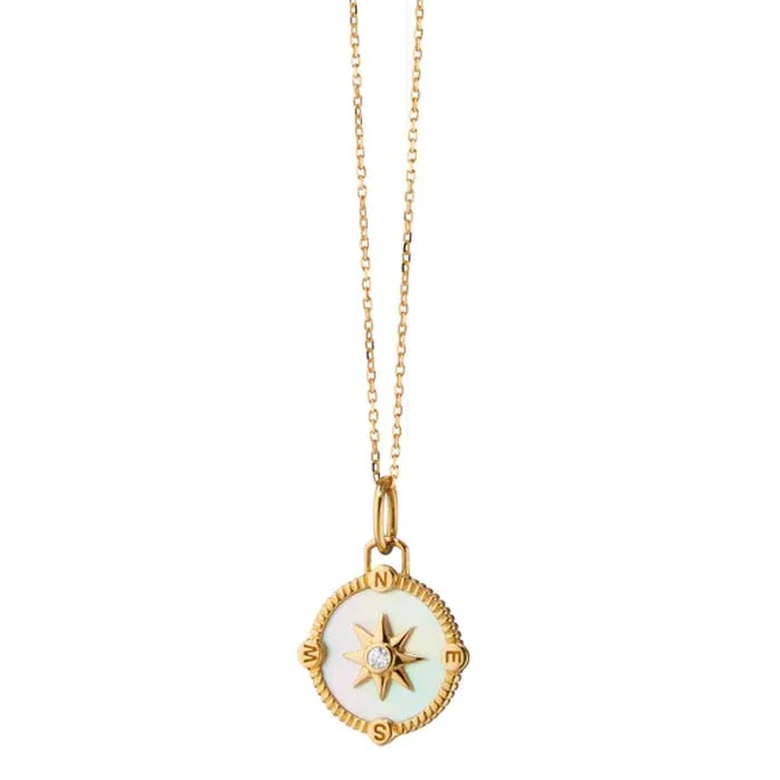 women's luxury gold necklaces -Monica Rich Kosann Mother of Pearl Mini "Adventure" Compass Charm Necklace in 18K Yellow Gold