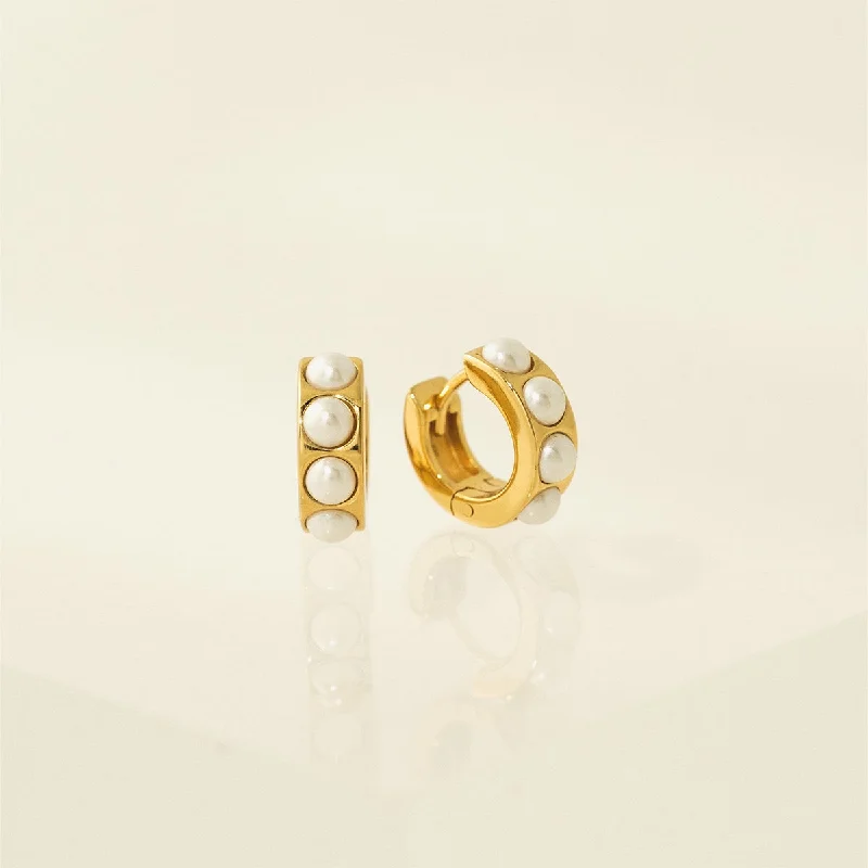 women's vintage earrings -Gold Pearl Chunky Huggie Hoop Earrings