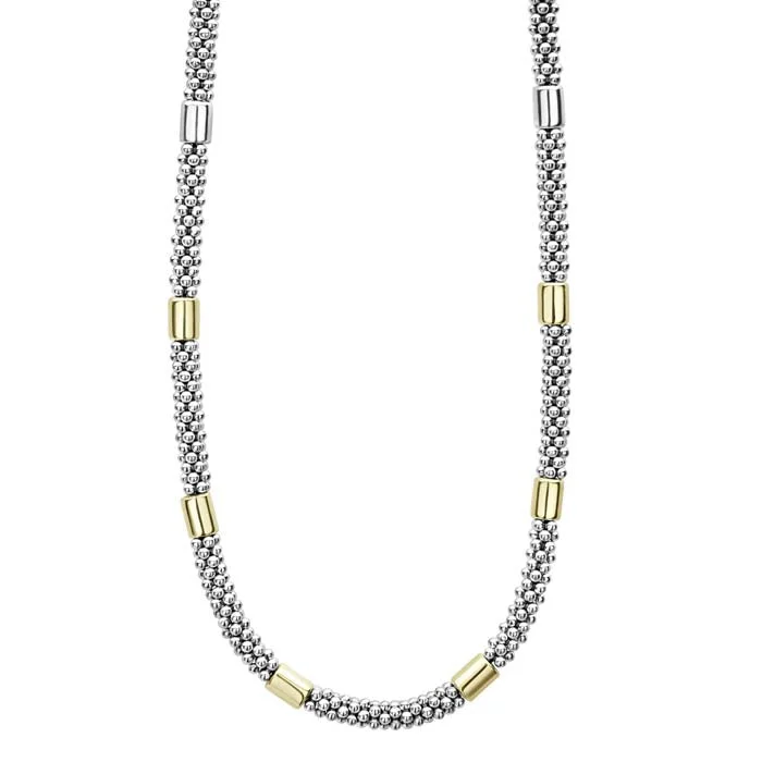 women's gold chain necklaces -LAGOS 16" High Bar Smooth Station Necklace in Sterling Silver and 18K Yellow Gold