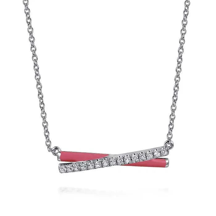 women's vintage style necklaces -Gabriel White Sapphire and Pink Enamel Crossover Necklace in Sterling Silver