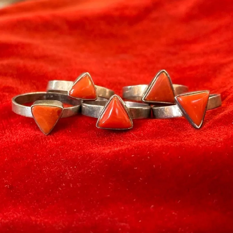 women's engraved rings -Vintage Sterling Silver Red Coral Triangle Rings