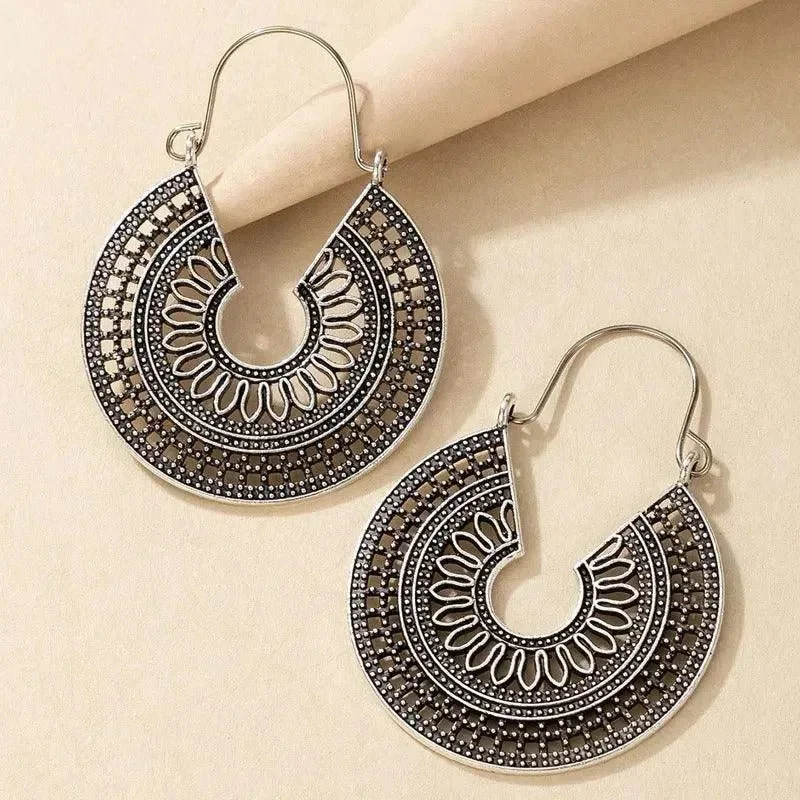 women's minimal design earrings -Vintage Silver-Tone Hoop Earrings with Intricate Geometric Design