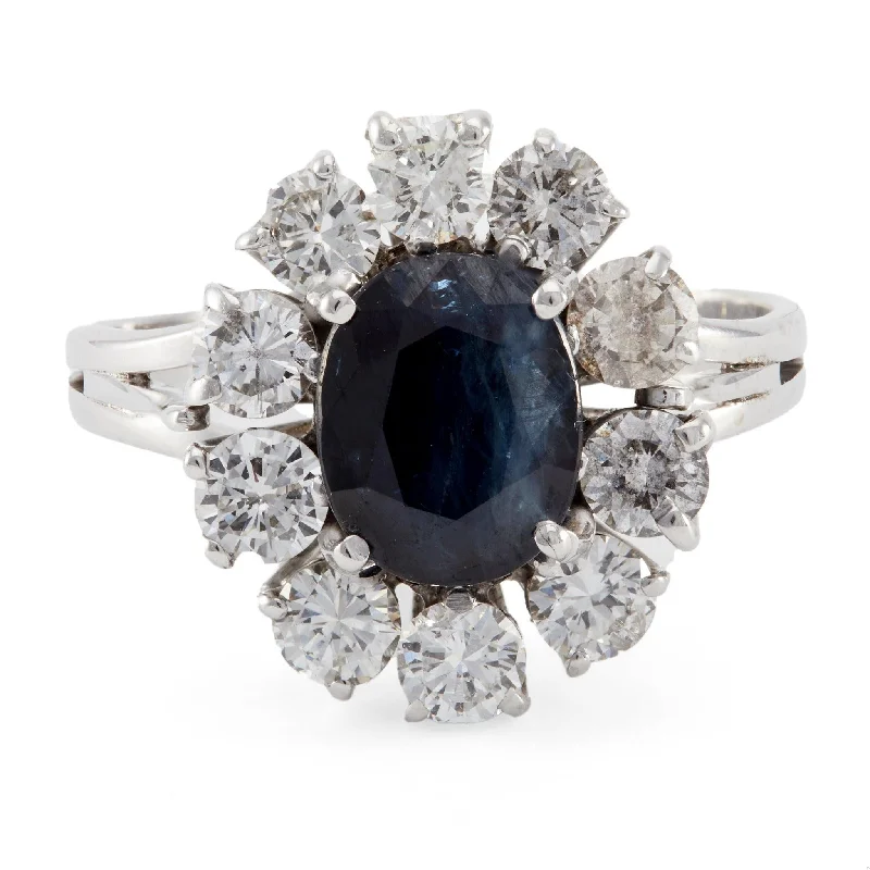 women's diamond-studded necklaces -Mid-Century Sapphire and Diamond 18k White Gold Cluster Ring