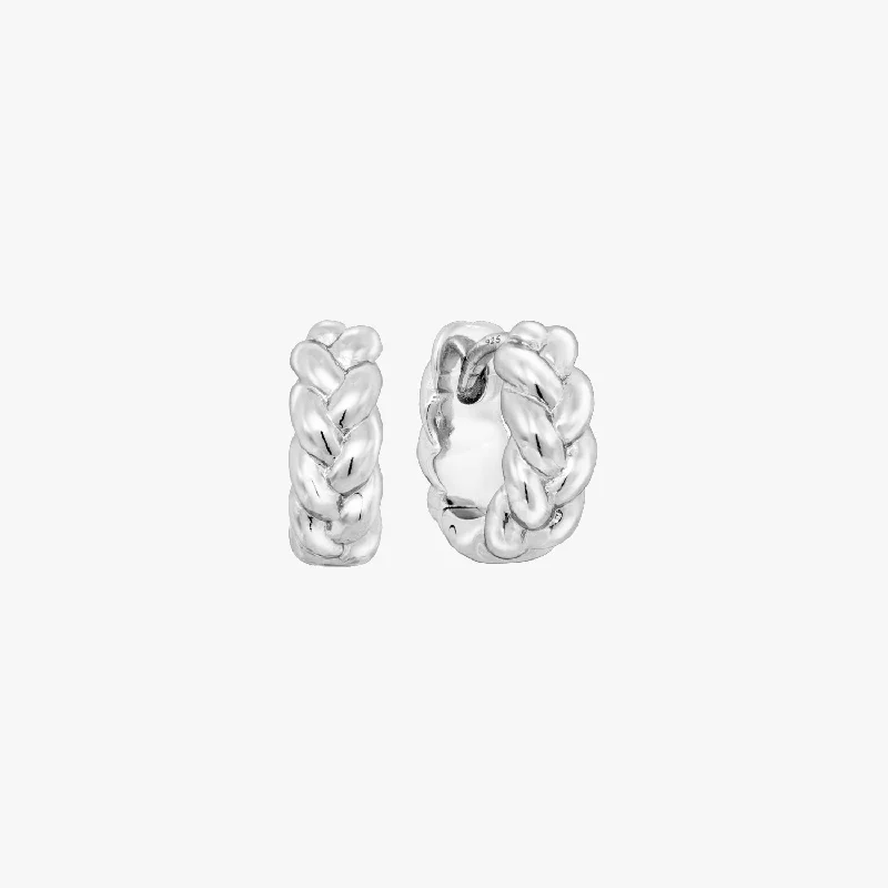 women's sterling silver earrings -Braided Silver Huggie Earrings