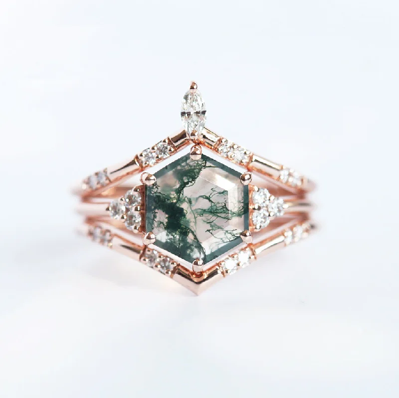 women's diamond-studded necklaces -Ada Hexagon Moss Agate Ring Set