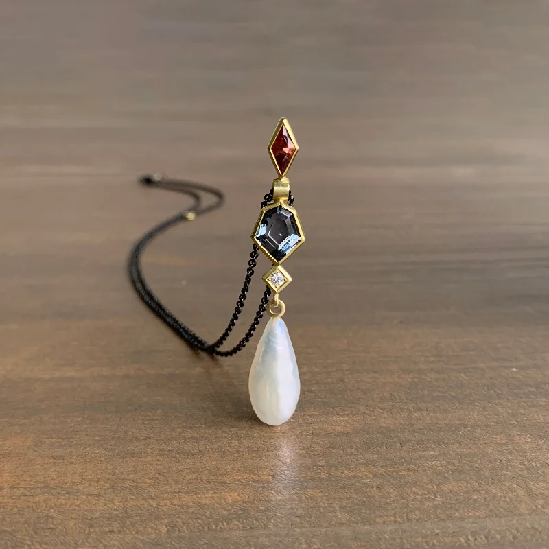 women's pendant necklaces -Spinel, Garnet, Diamond, and Pearl Wand Pendant