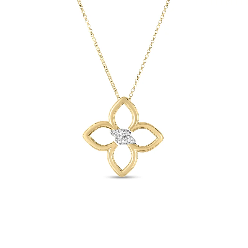 women's elegant pendant necklaces -Roberto Coin Cialoma Medium Diamond Flower Necklace in 18K Yellow and White Gold