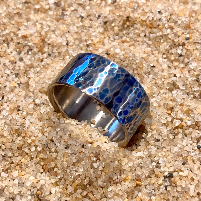 women's vintage rings -Blue Patina Hammered Titanium Ring