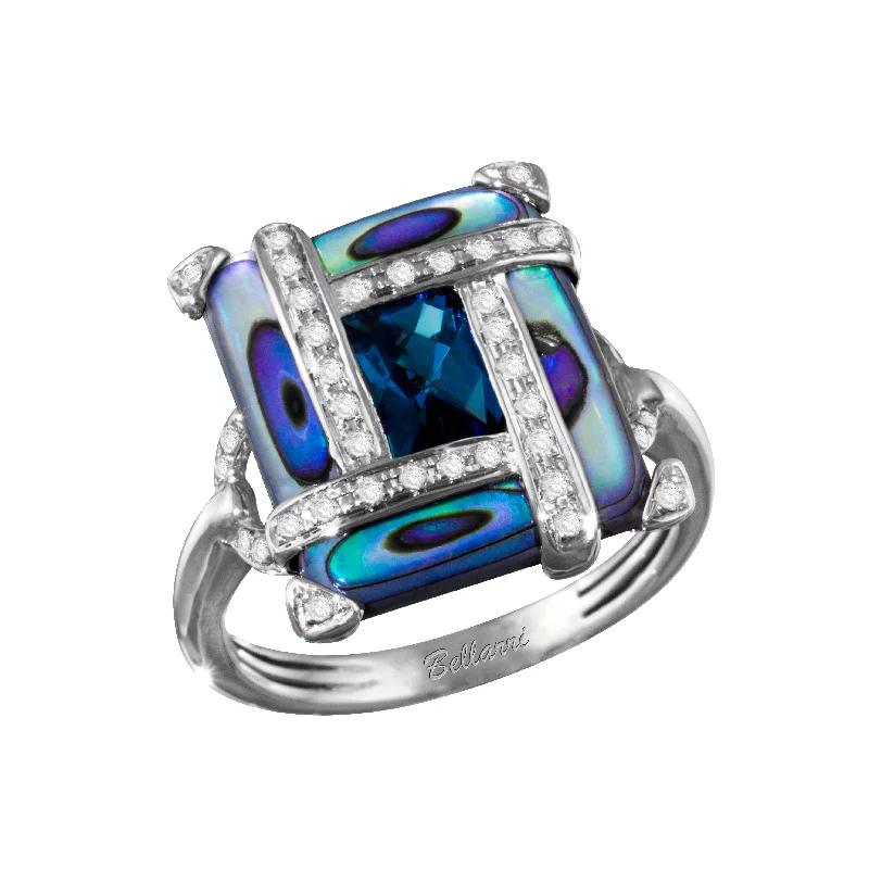 women's cocktail rings -Bellarri Anastasia Collection 14k Gold Blue Topaz and Abalone Ring