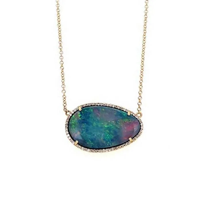 women's diamond necklaces for her -Mountz Collection Opal and Diamond Halo Pendant Necklace in 14K Yellow Gold