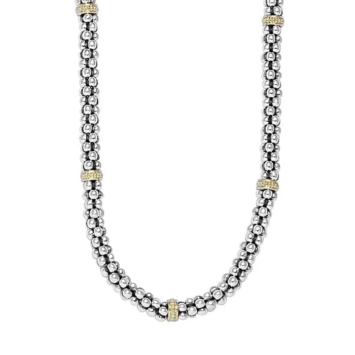 women's silver heart necklaces -LAGOS 16" 9-Station Caviar 5MM Necklace in Sterling Silver with 18K Gold Highlights