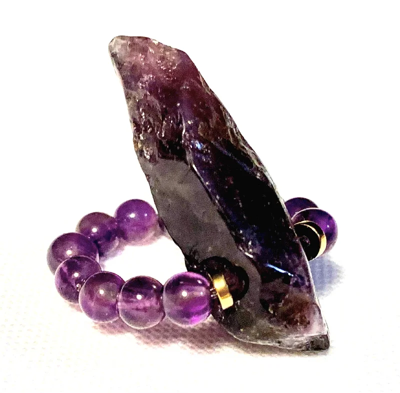 women's floral rings -Queen Handmade Amethyst and Gold Plated Hematite Expandable Ring