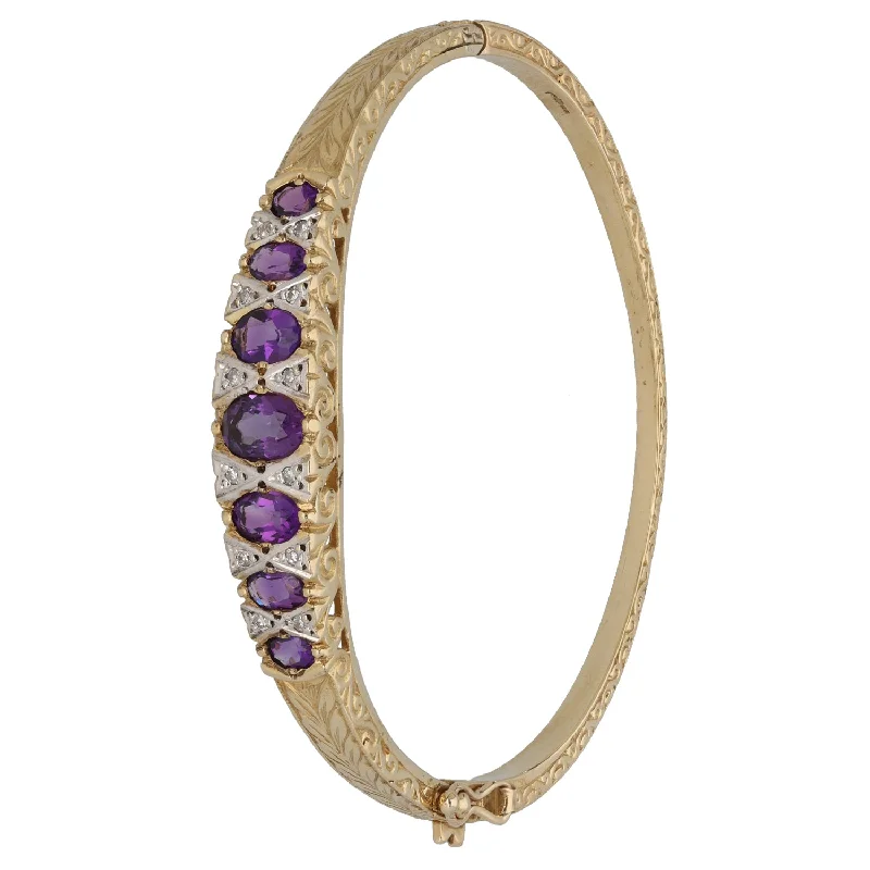 women's layered bracelets -9ct Gold Amethyst & 0.12ct Diamond Hinged/Clasp Bangle